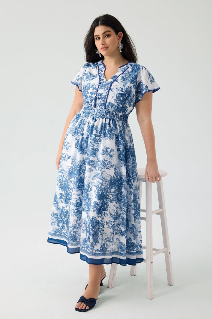 Pockets Chic Smocked Toile de Jouy Midi Dress