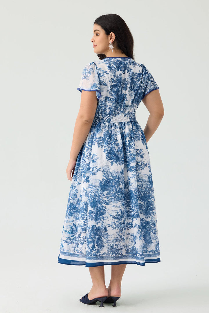 Pockets Chic Smocked Toile de Jouy Midi Dress