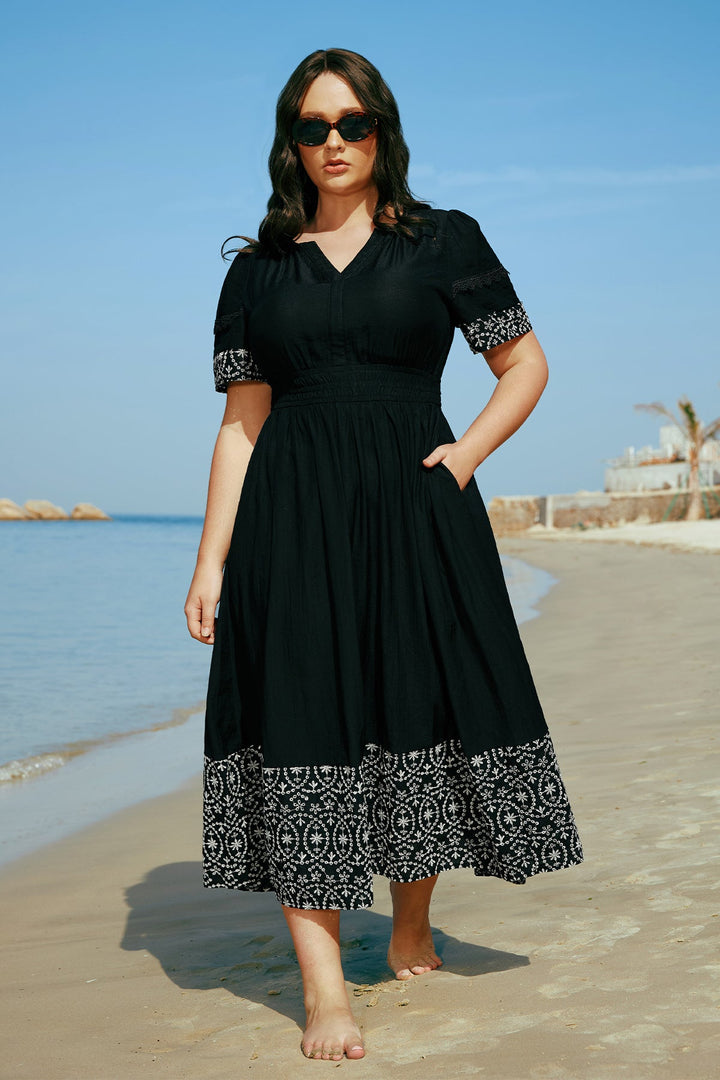 Pockets Boho Floral Embroidered Trim Flowy Midi Dress