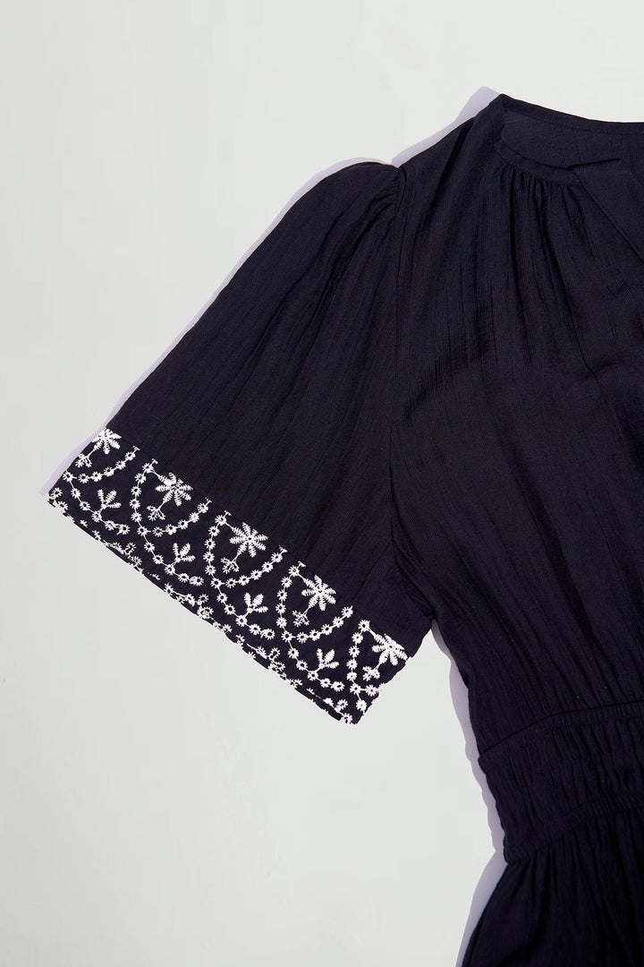 Pockets Boho Floral Embroidered Trim Flowy Midi Dress