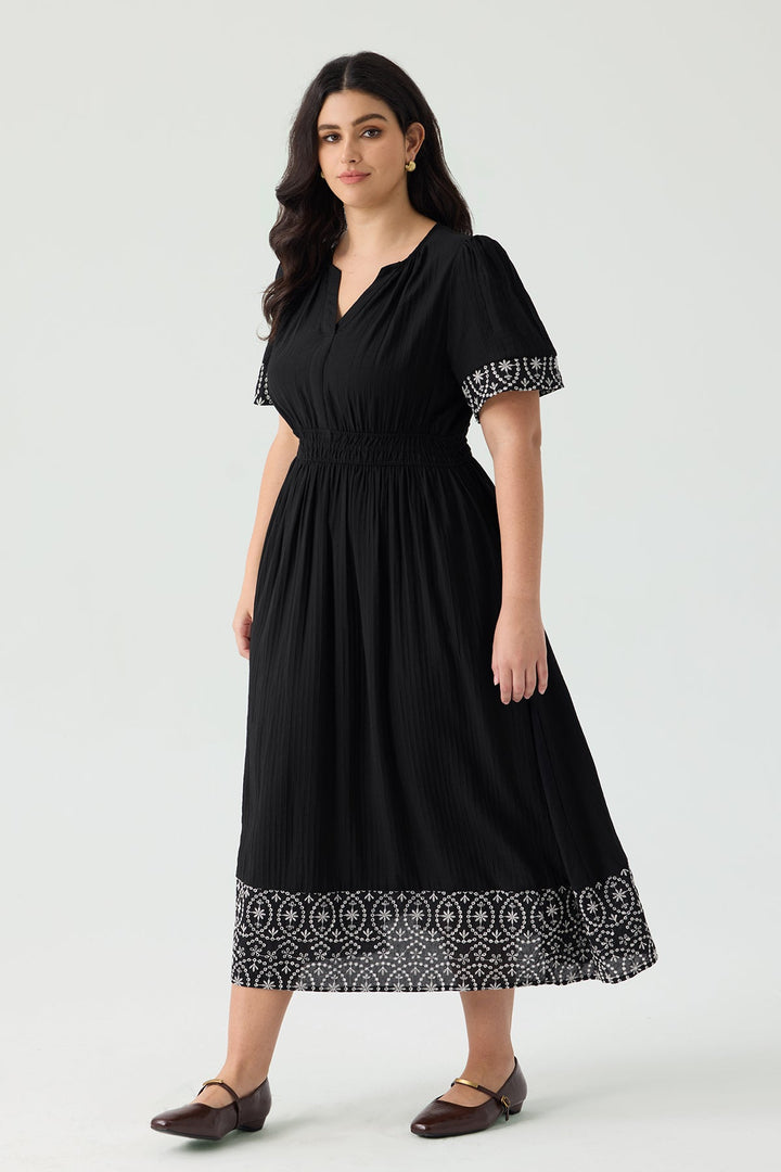 Pockets Boho Floral Embroidered Trim Flowy Midi Dress