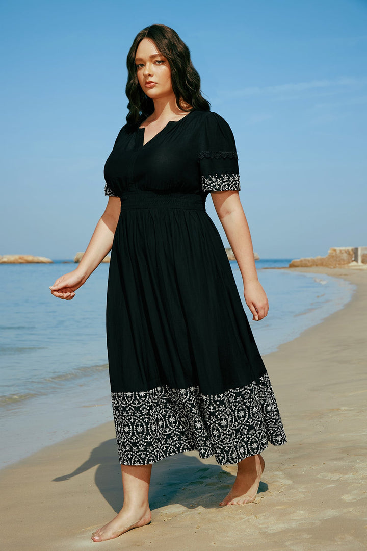 Pockets Boho Floral Embroidered Trim Flowy Midi Dress