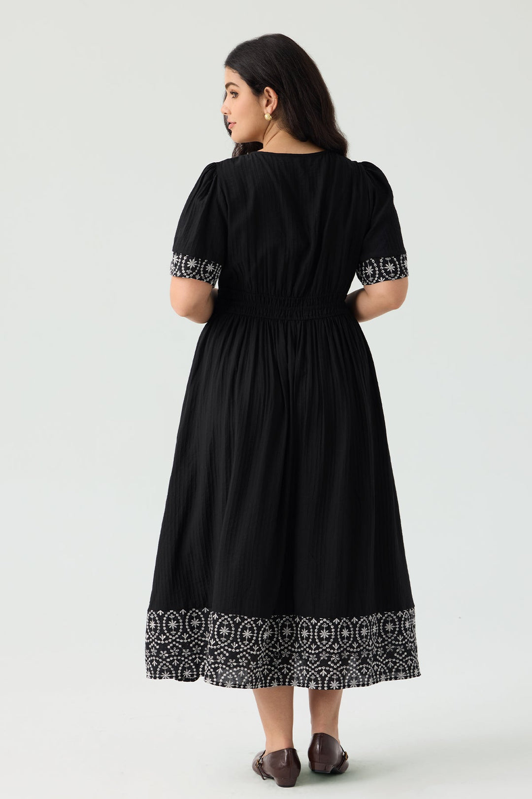 Pockets Boho Floral Embroidered Trim Flowy Midi Dress