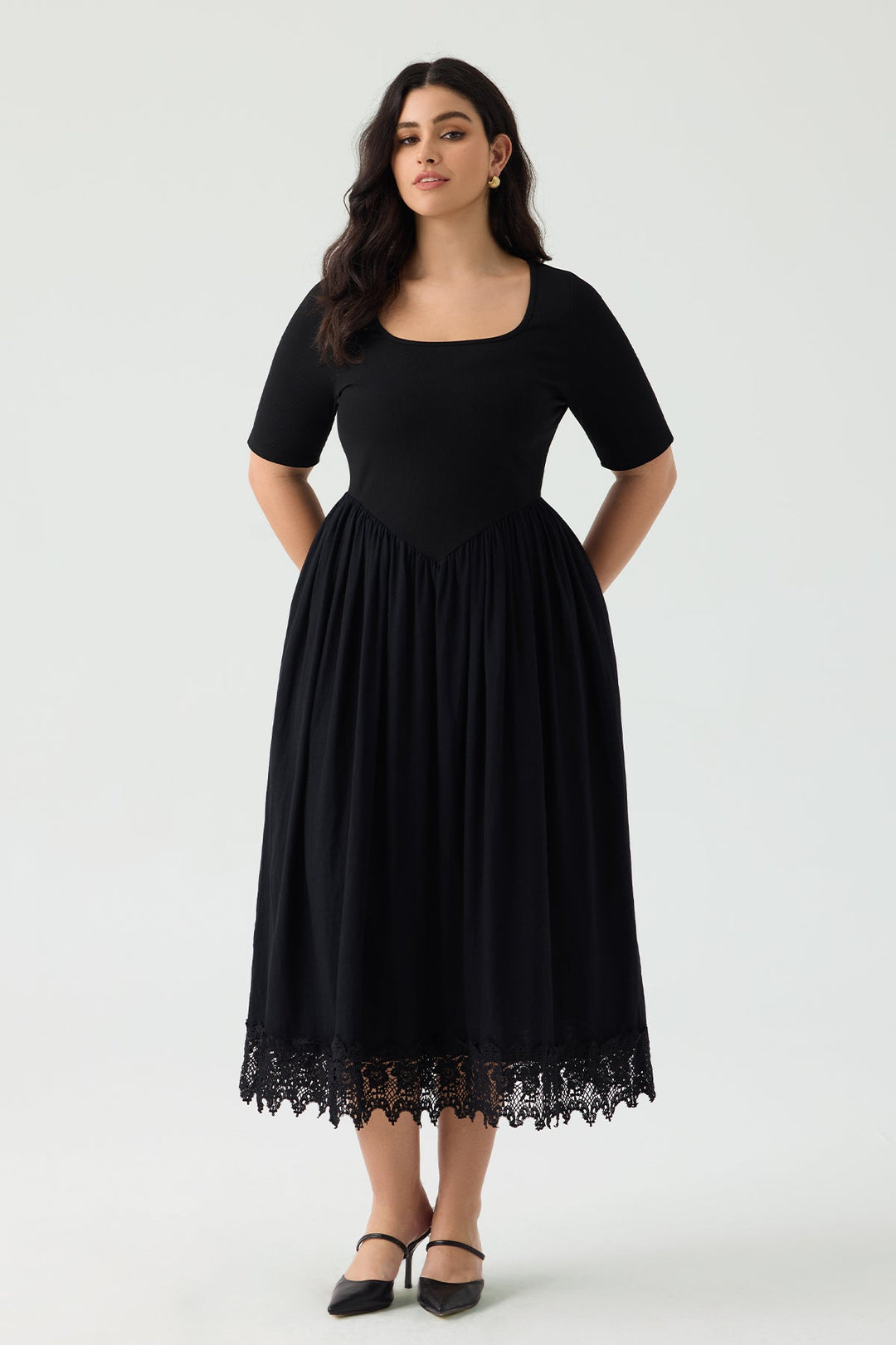 Pockets Lace Hem Pleated Black Midi Dress