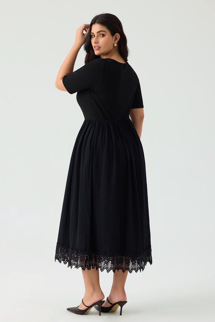 Pockets Lace Hem Pleated Black Midi Dress