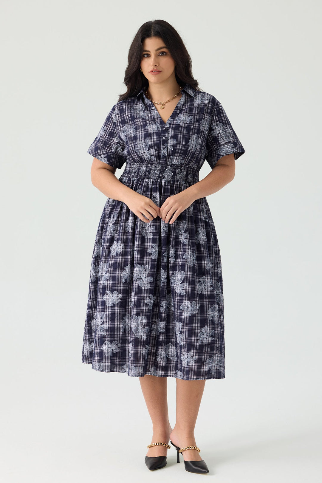 Ritera Pocket Shirred Waist Plaid Floral Midi Dress