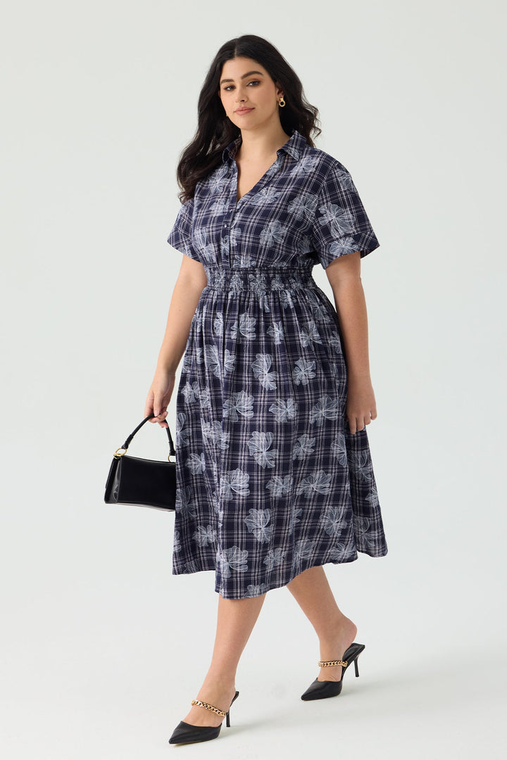 Ritera Pocket Shirred Waist Plaid Floral Midi Dress
