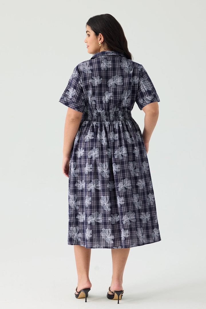 Ritera Pocket Shirred Waist Plaid Floral Midi Dress