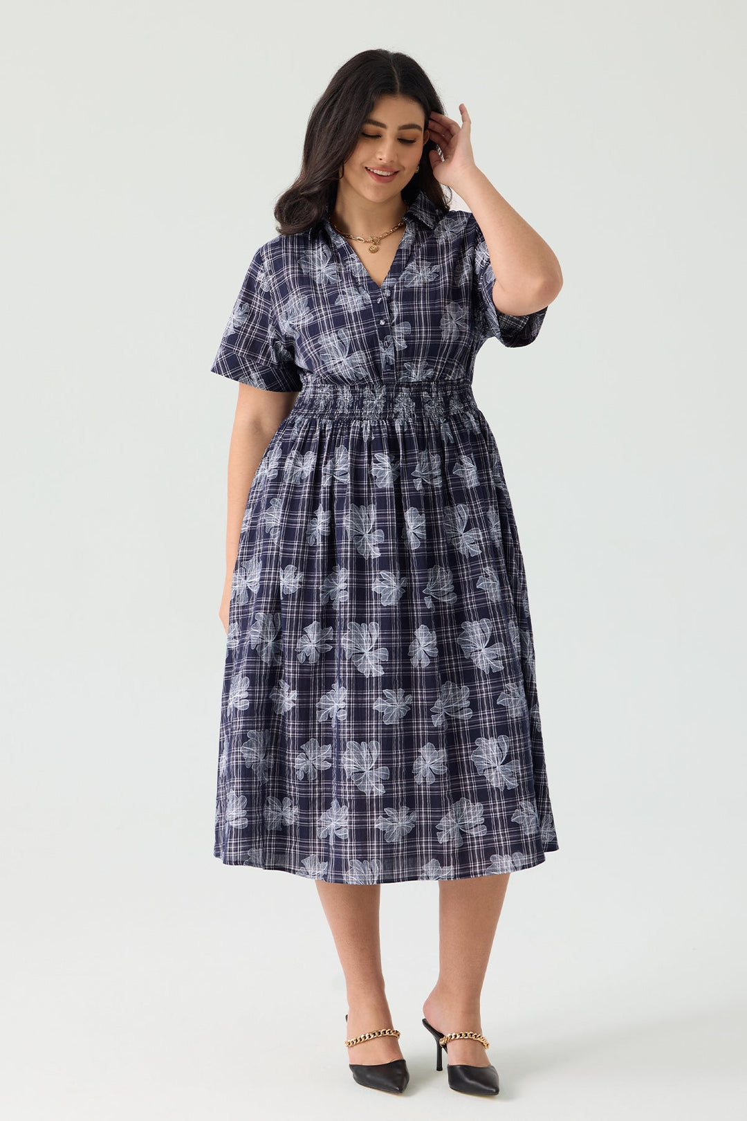 Ritera Pocket Shirred Waist Plaid Floral Midi Dress