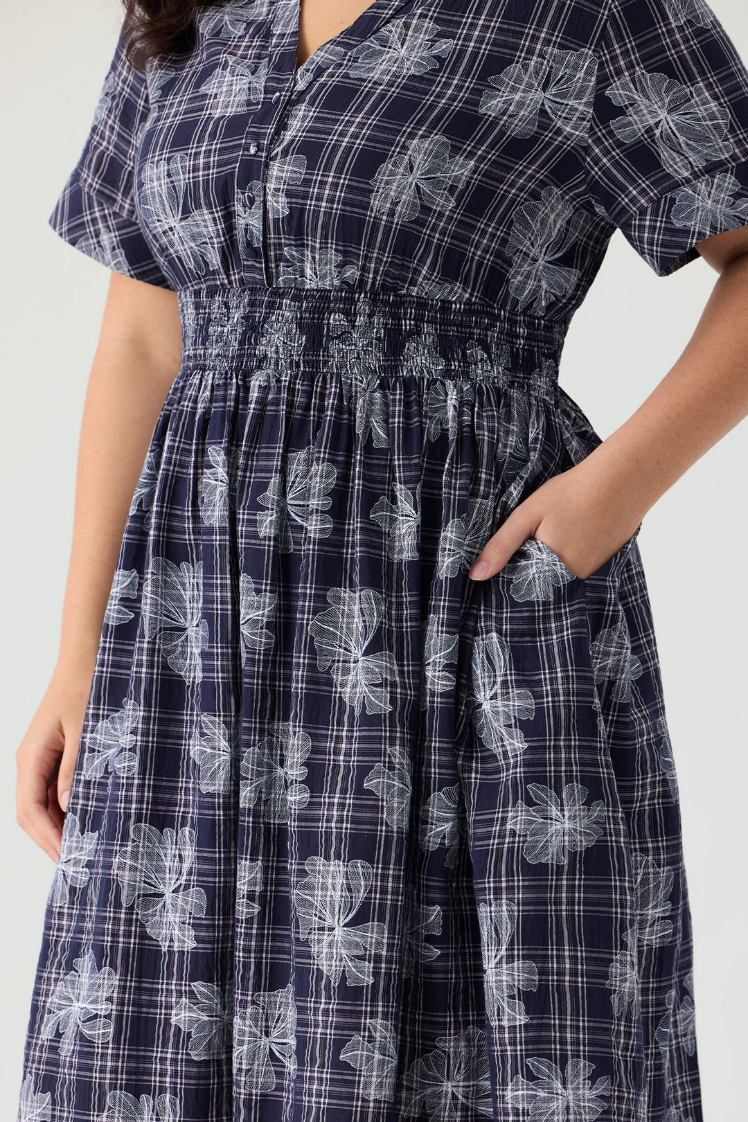Ritera Pocket Shirred Waist Plaid Floral Midi Dress