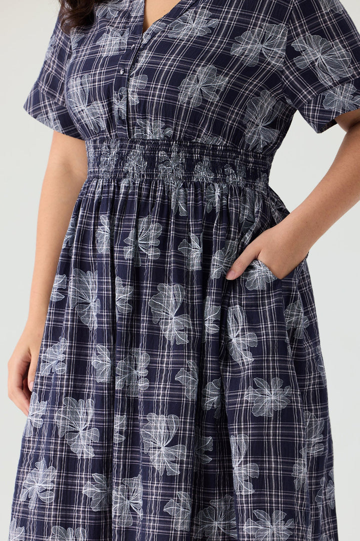 Ritera Pocket Shirred Waist Plaid Floral Midi Dress