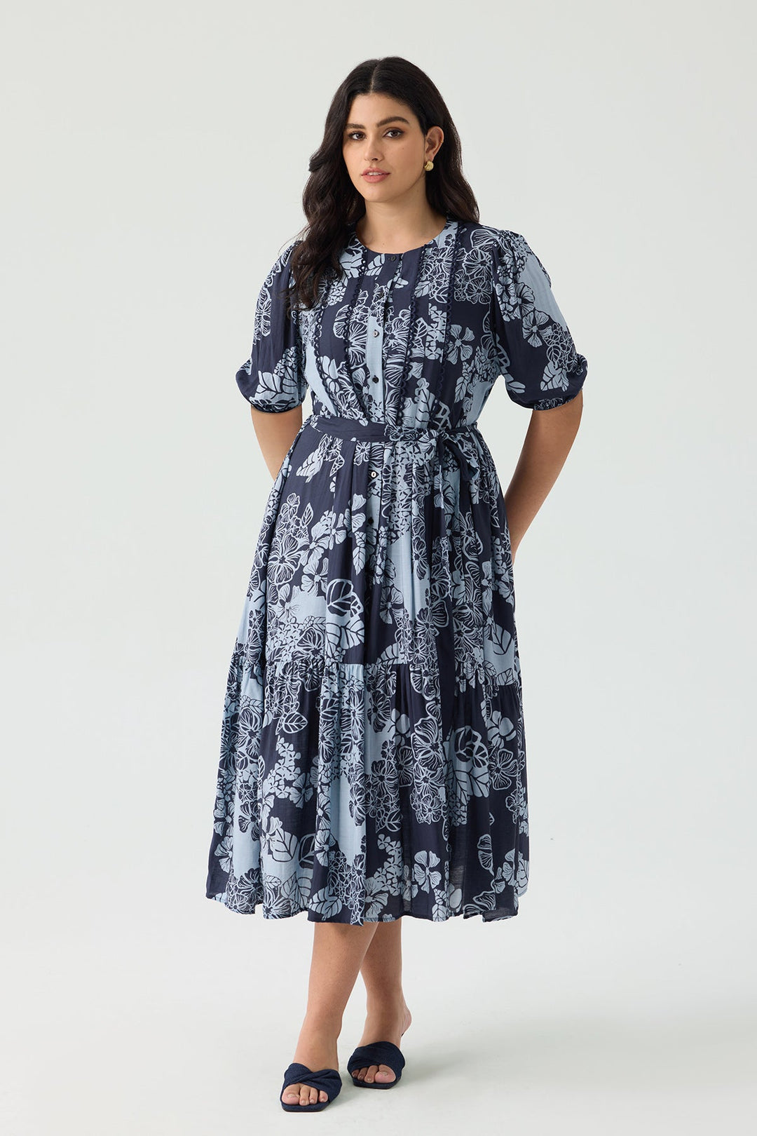 Pockets Boho Puff Sleeve Tiered Midi Dress with Tie Belt