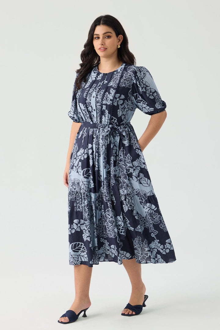 Pockets Boho Puff Sleeve Tiered Midi Dress with Tie Belt