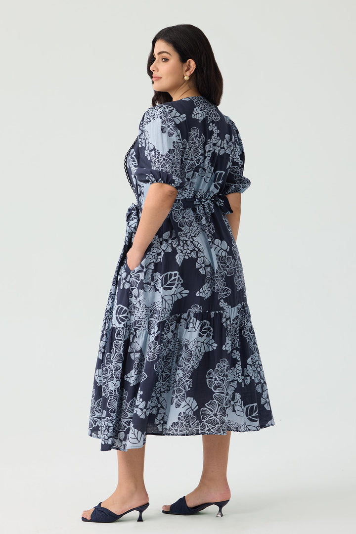 Pockets Boho Puff Sleeve Tiered Midi Dress with Tie Belt