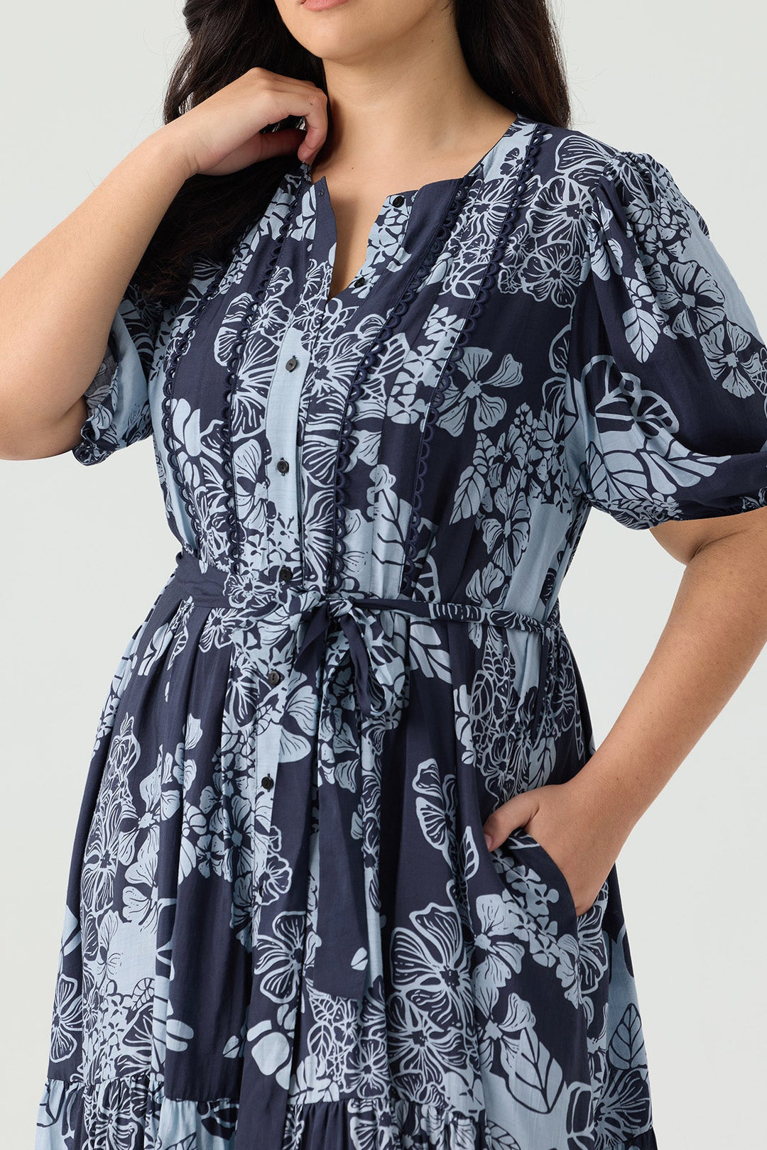 Pockets Boho Puff Sleeve Tiered Midi Dress with Tie Belt