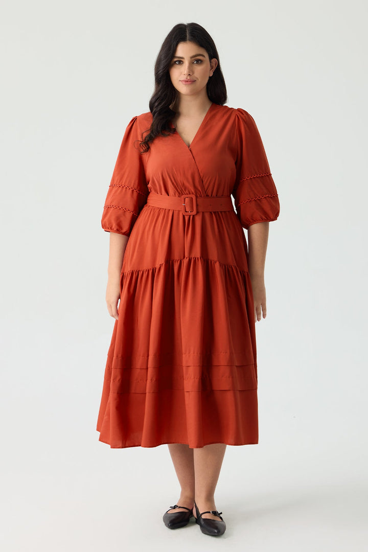 Pockets Tiered Boho A-Line Midi Dress with Adjustable Belt