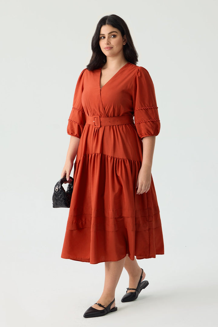 Pockets Tiered Boho A-Line Midi Dress with Adjustable Belt