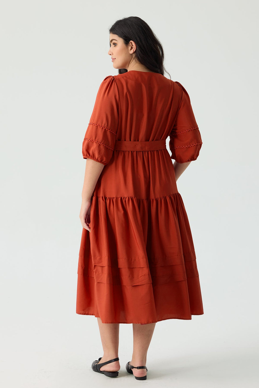 Pockets Tiered Boho A-Line Midi Dress with Adjustable Belt
