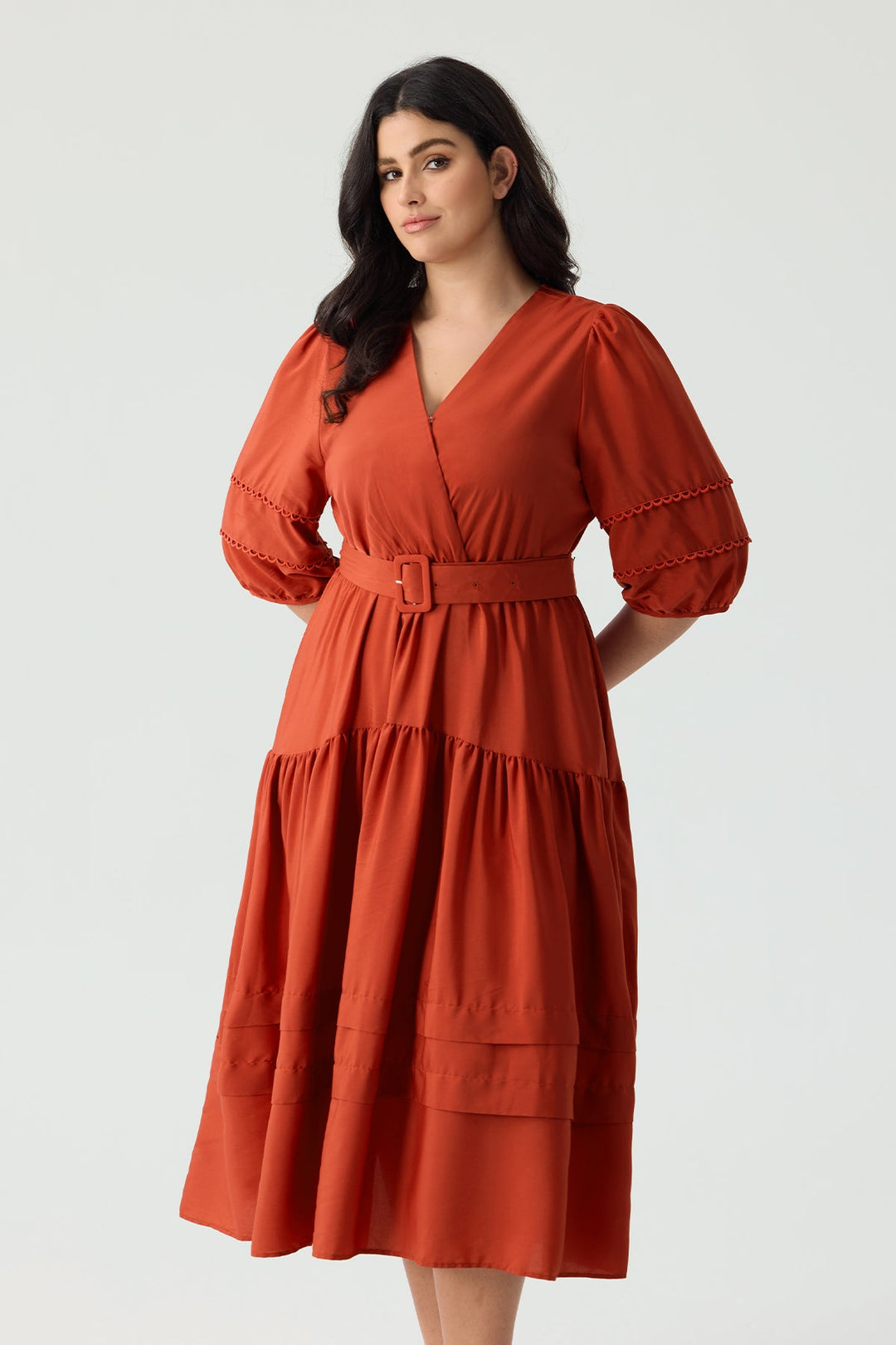 Pockets Tiered Boho A-Line Midi Dress with Adjustable Belt