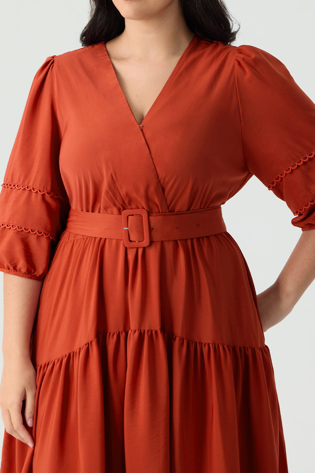 Pockets Tiered Boho A-Line Midi Dress with Adjustable Belt