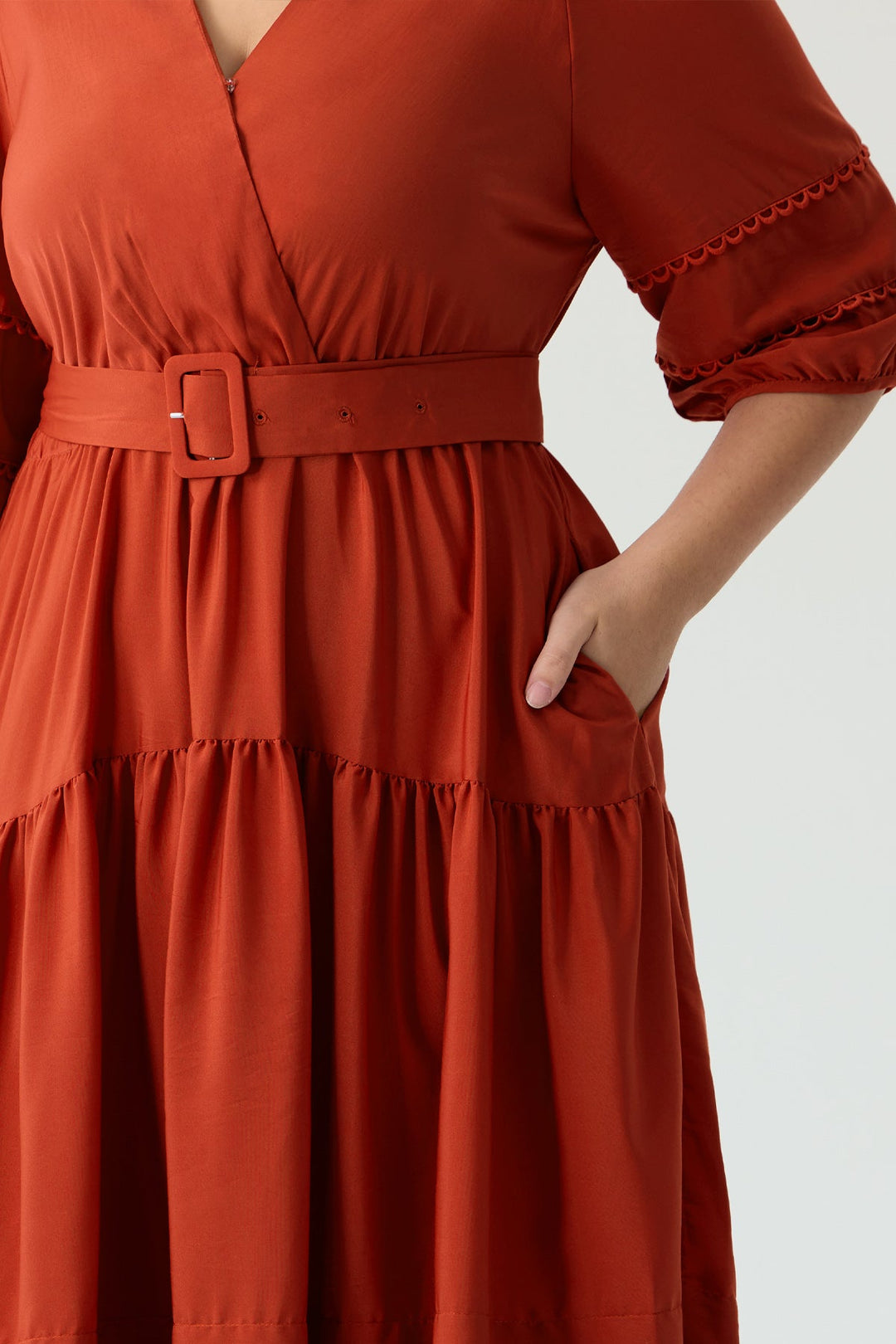 Pockets Tiered Boho A-Line Midi Dress with Adjustable Belt