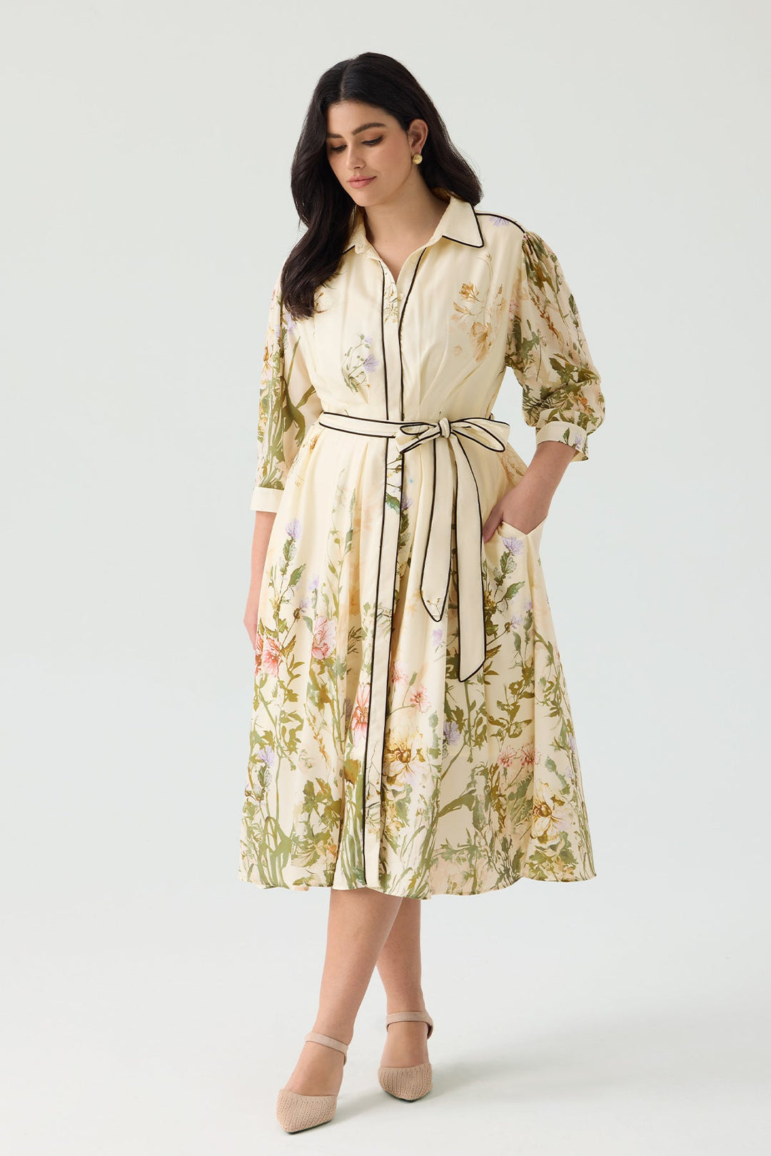 Pockets Floral Print Elegant Midi Shirt Dress with Tie Waist Belt