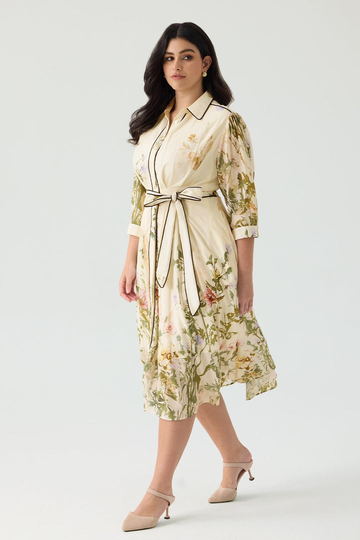Pockets Floral Print Elegant Midi Shirt Dress with Tie Waist Belt