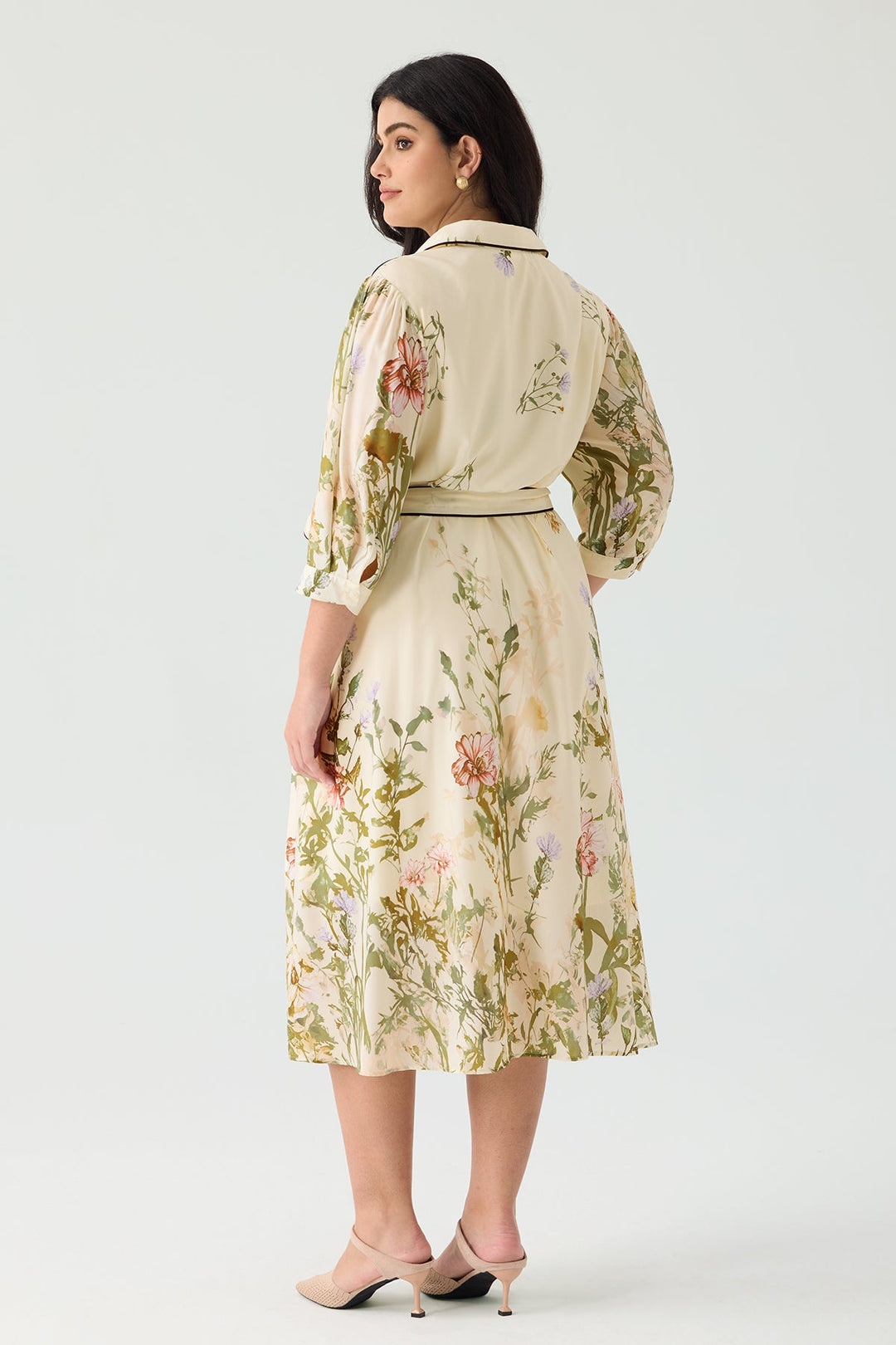 Pockets Floral Print Elegant Midi Shirt Dress with Tie Waist Belt