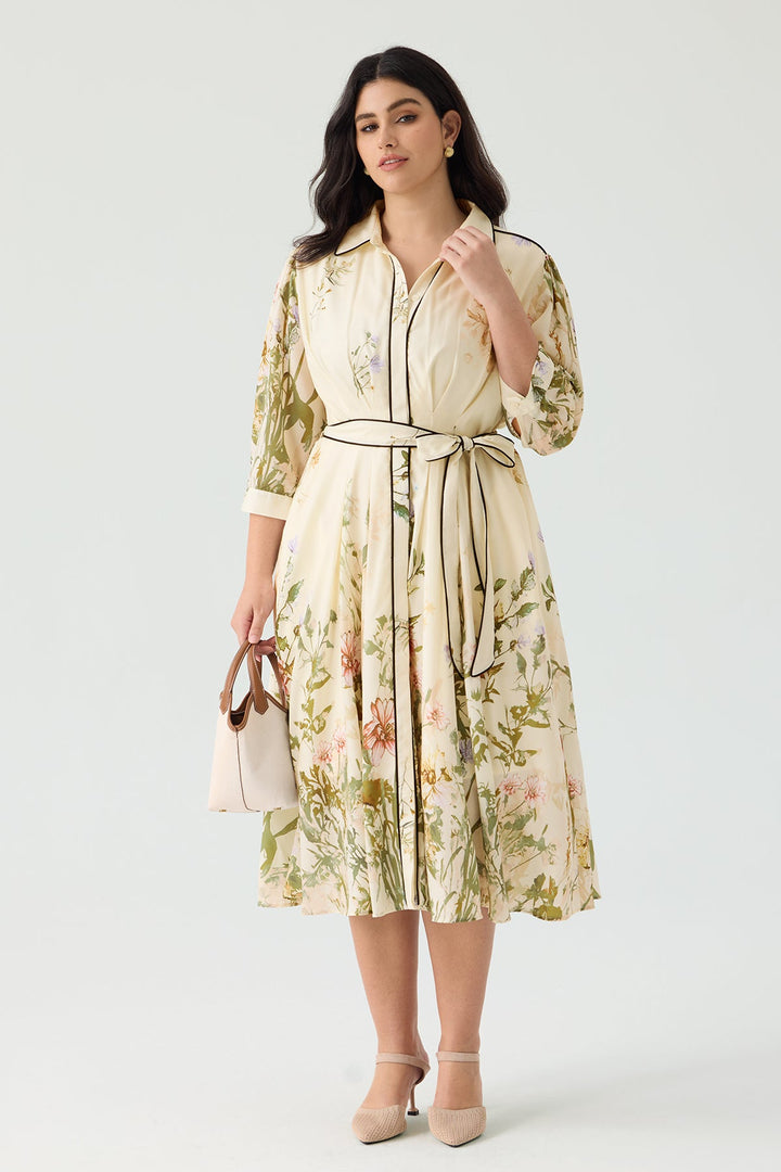 Pockets Floral Print Elegant Midi Shirt Dress with Tie Waist Belt