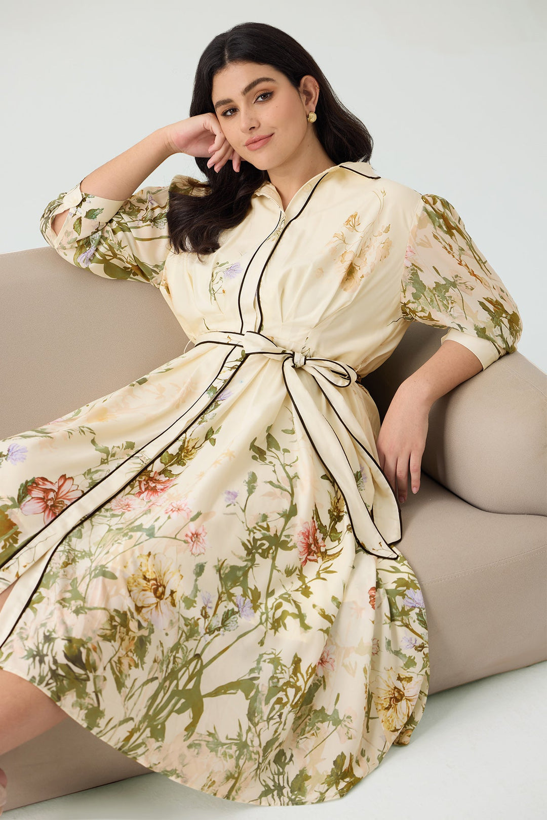 Pockets Floral Print Elegant Midi Shirt Dress with Tie Waist Belt