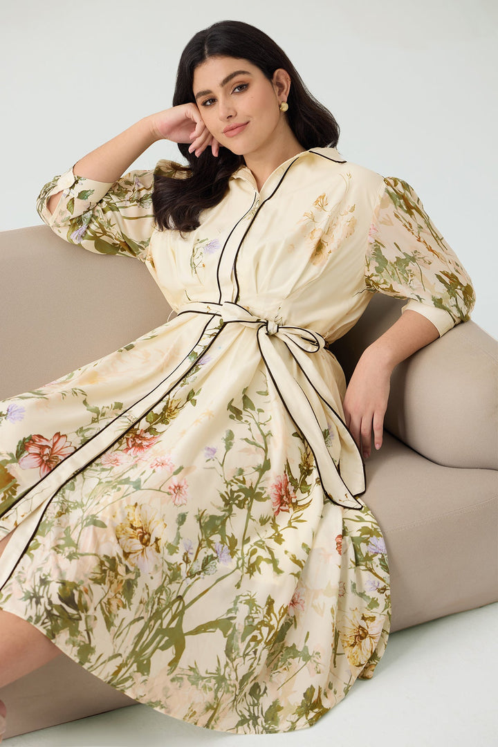 Pockets Floral Print Elegant Midi Shirt Dress with Tie Waist Belt
