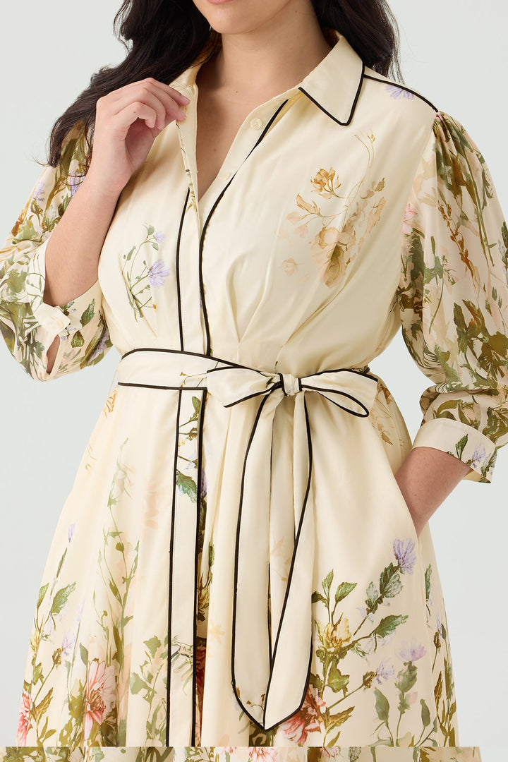 Pockets Floral Print Elegant Midi Shirt Dress with Tie Waist Belt