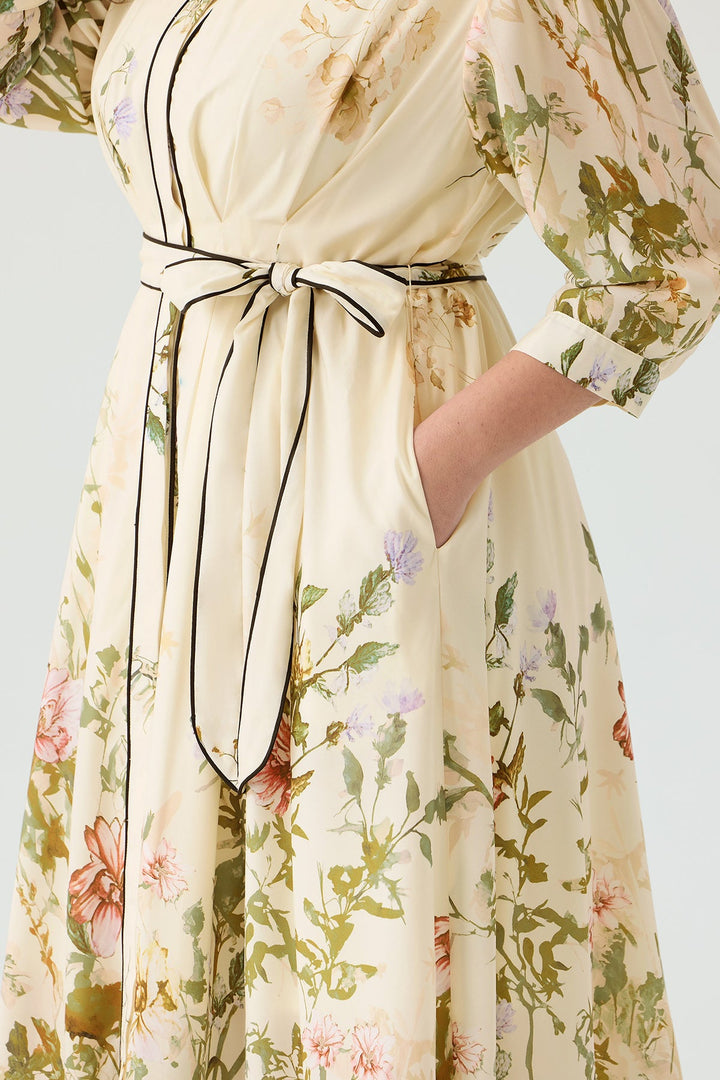 Pockets Floral Print Elegant Midi Shirt Dress with Tie Waist Belt