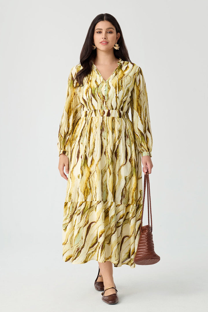 Stripes Tie V-Neck Tiered A-line Willowy Dress