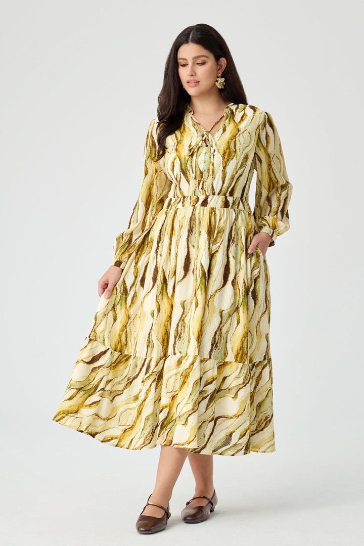 Stripes Tie V-Neck Tiered A-line Willowy Dress