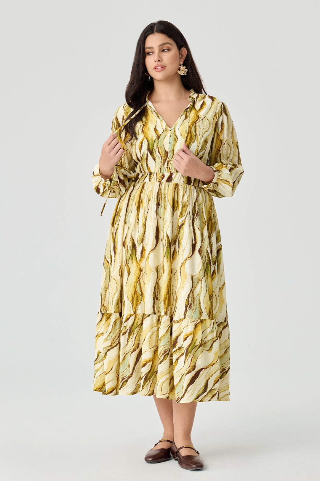 Stripes Tie V-Neck Tiered A-line Willowy Dress