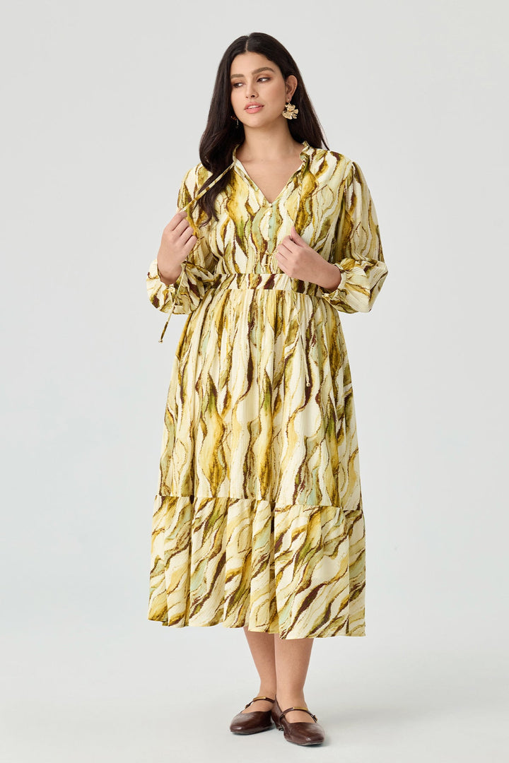 Stripes Tie V-Neck Tiered A-line Willowy Dress