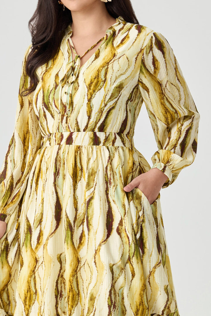 Stripes Tie V-Neck Tiered A-line Willowy Dress