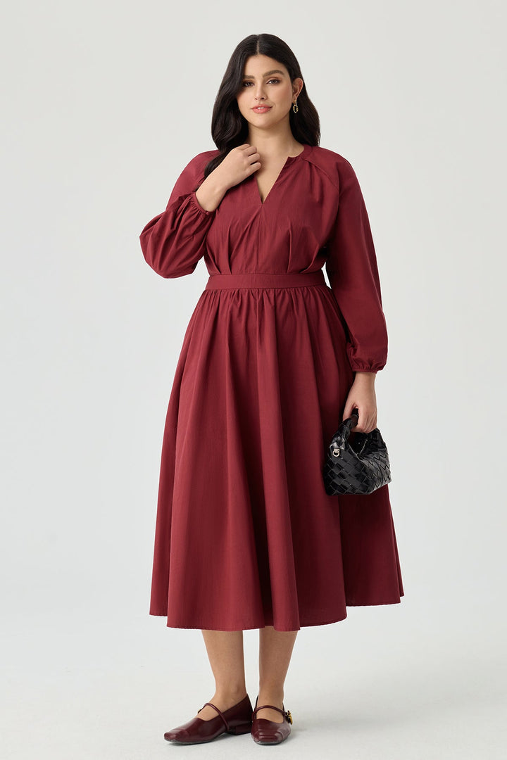 Pockets V-Neck Pleated Midi Dress with Back Tie