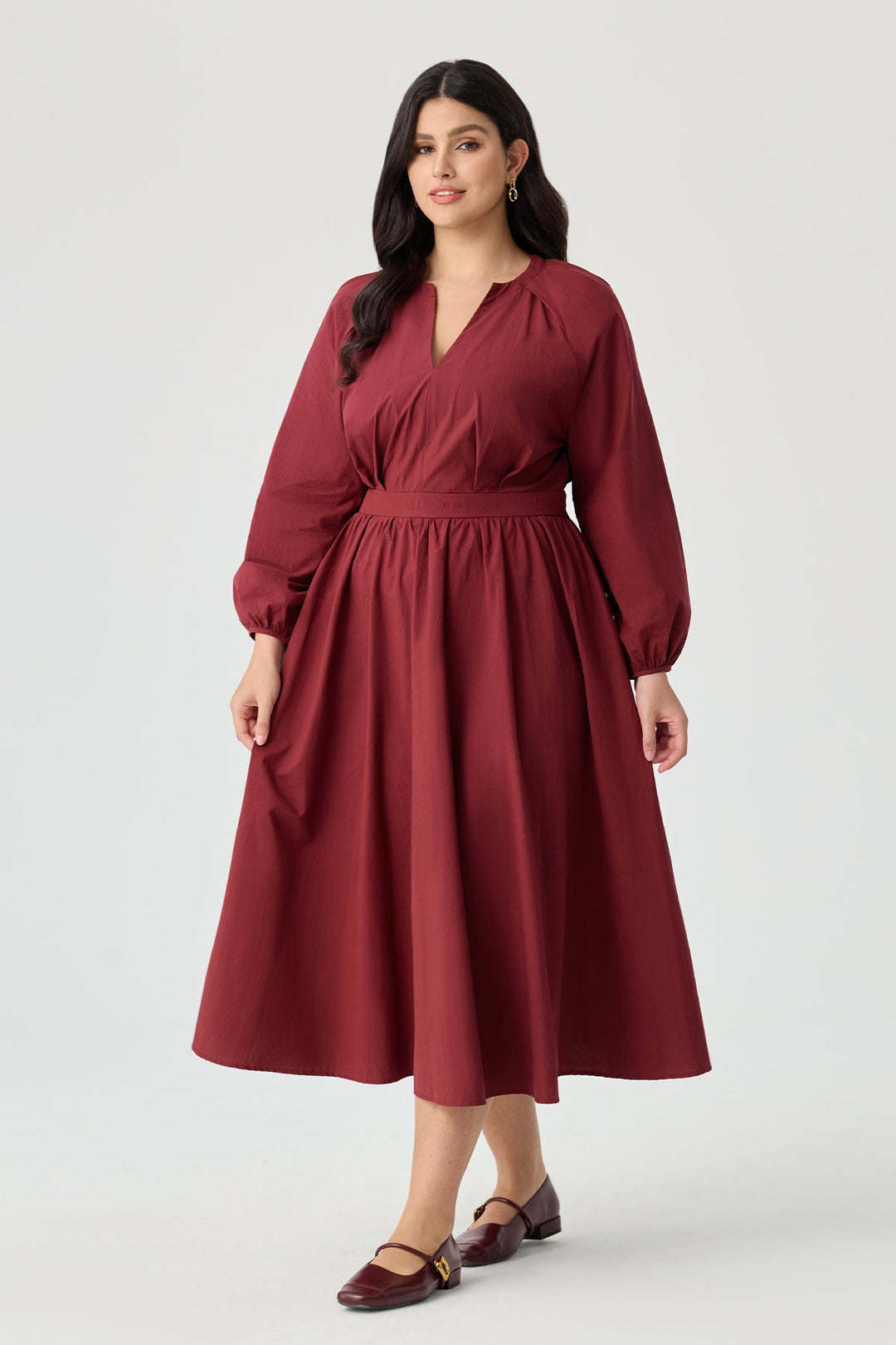 Pockets V-Neck Pleated Midi Dress with Back Tie