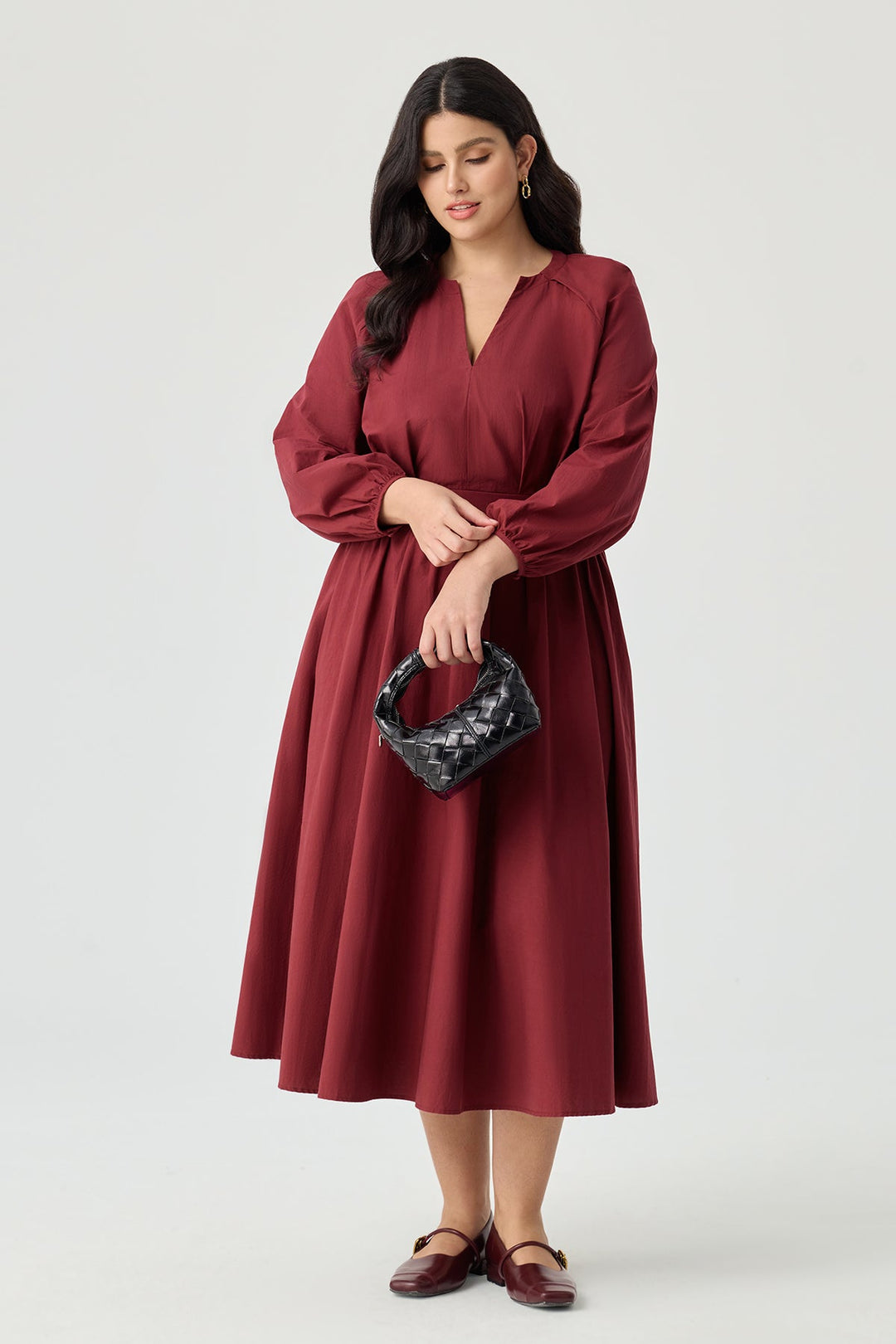 Pockets V-Neck Pleated Midi Dress with Back Tie
