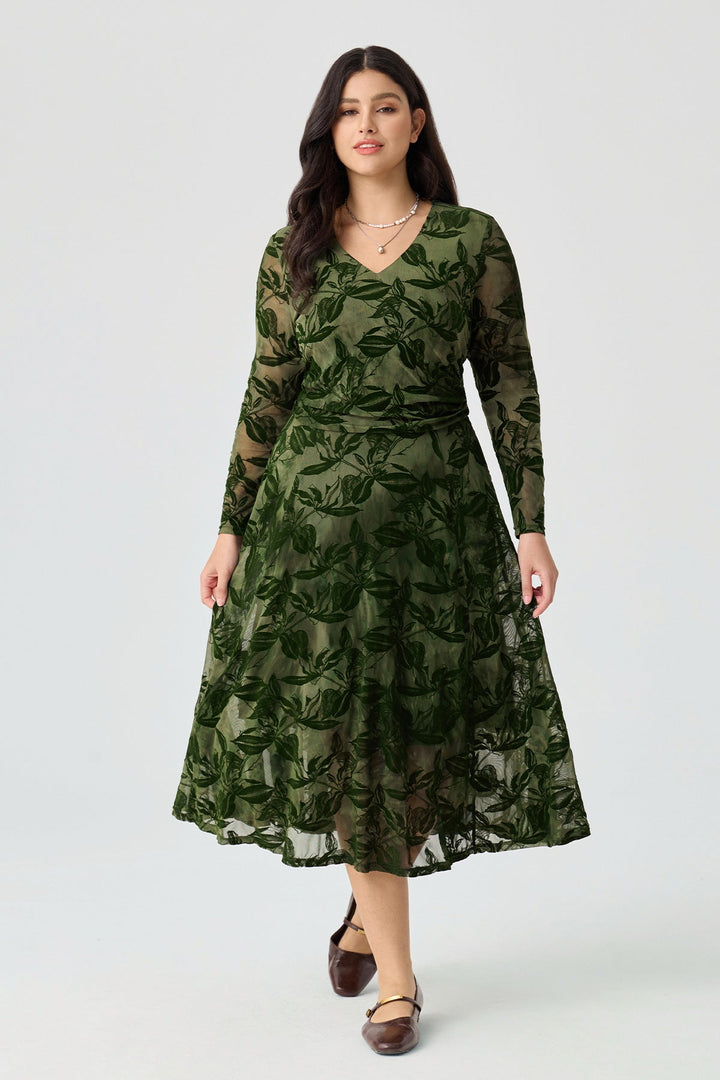 V-Neck Smocked Waist Flocked Mesh Midi Dress