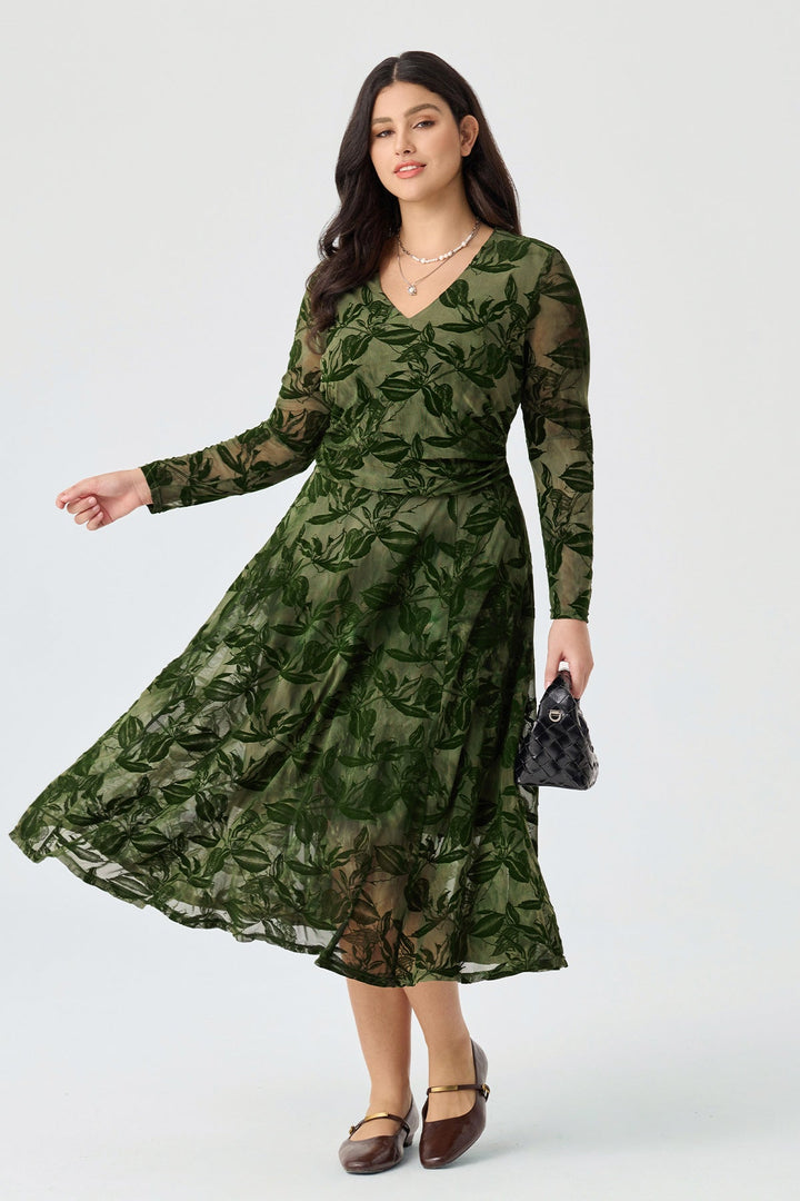 V-Neck Smocked Waist Flocked Mesh Midi Dress