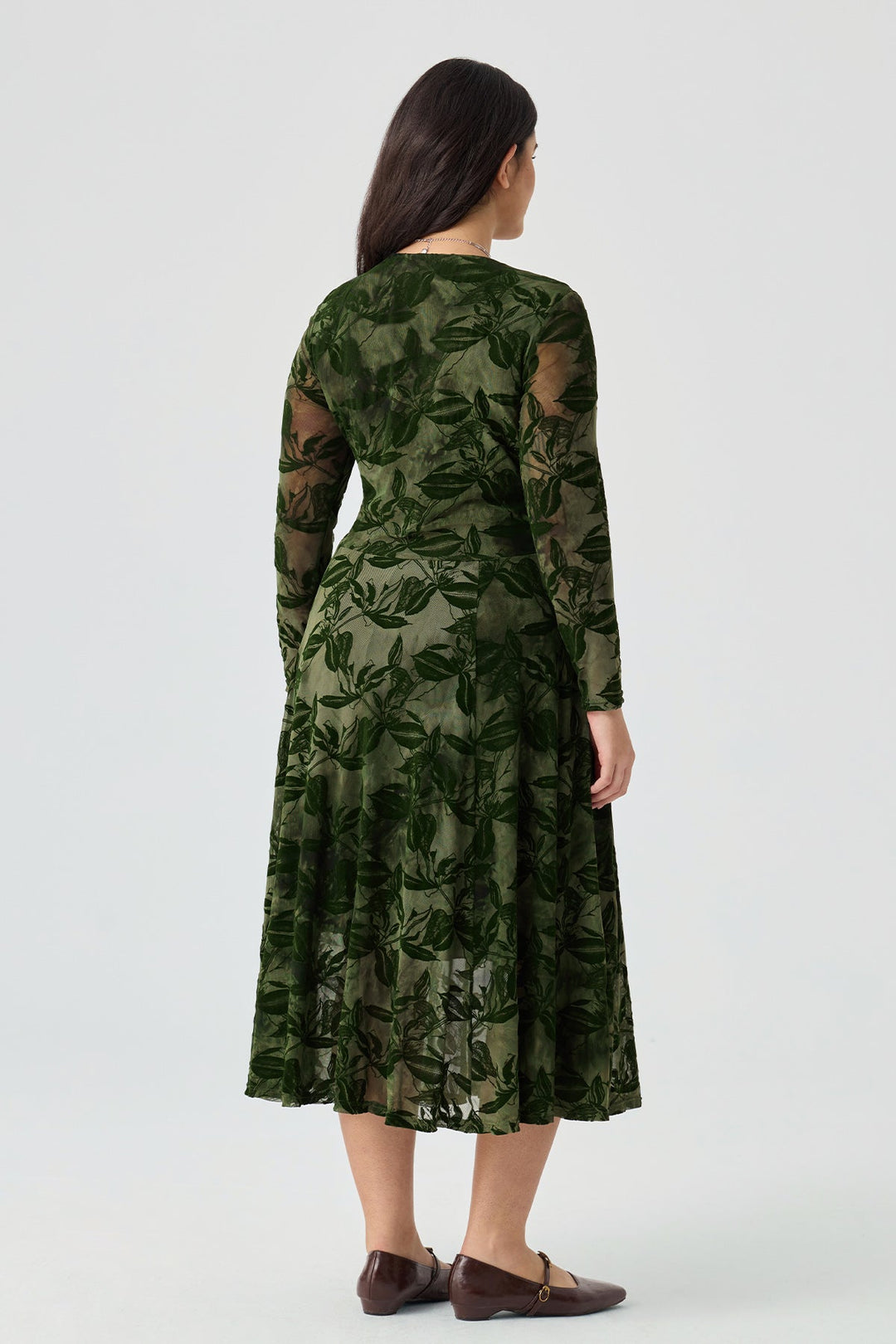 V-Neck Smocked Waist Flocked Mesh Midi Dress