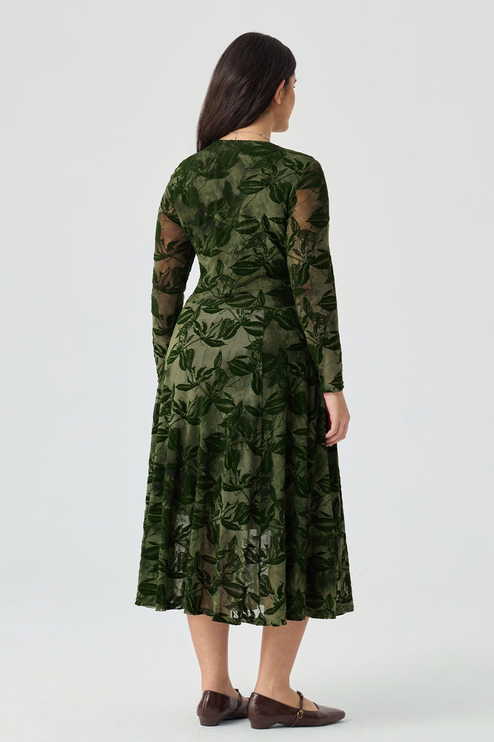 V-Neck Smocked Waist Flocked Mesh Midi Dress