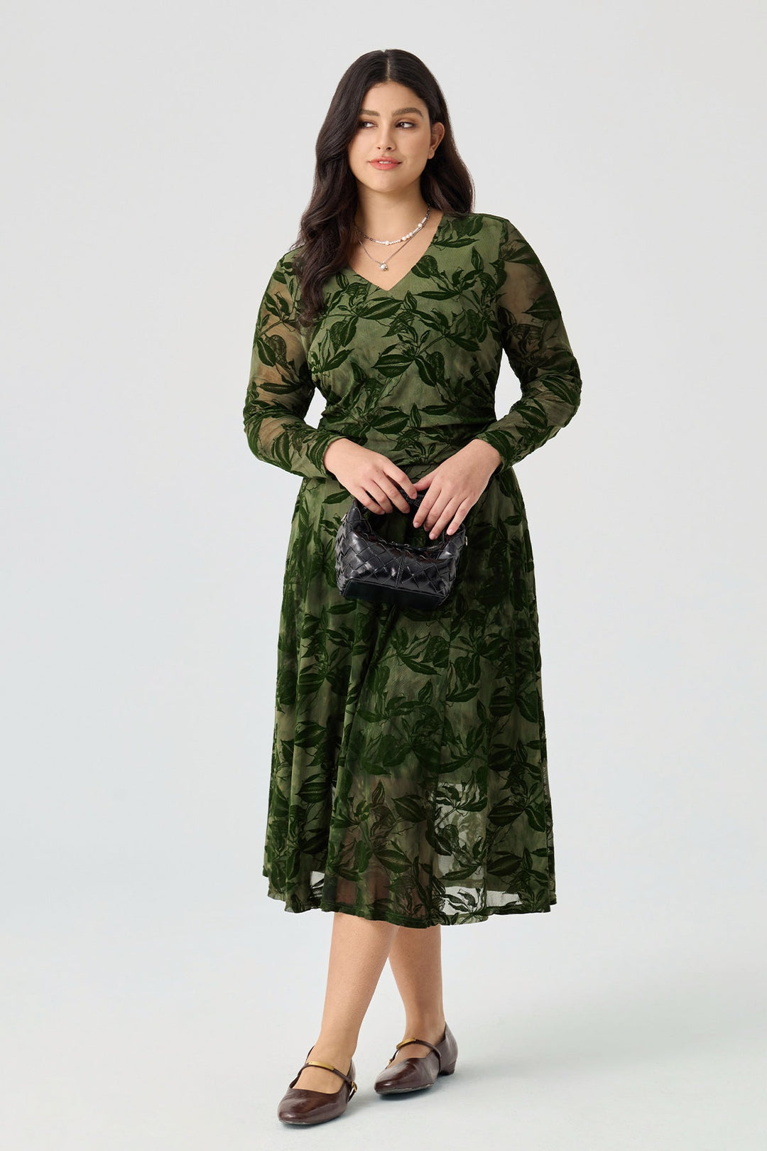 V-Neck Smocked Waist Flocked Mesh Midi Dress