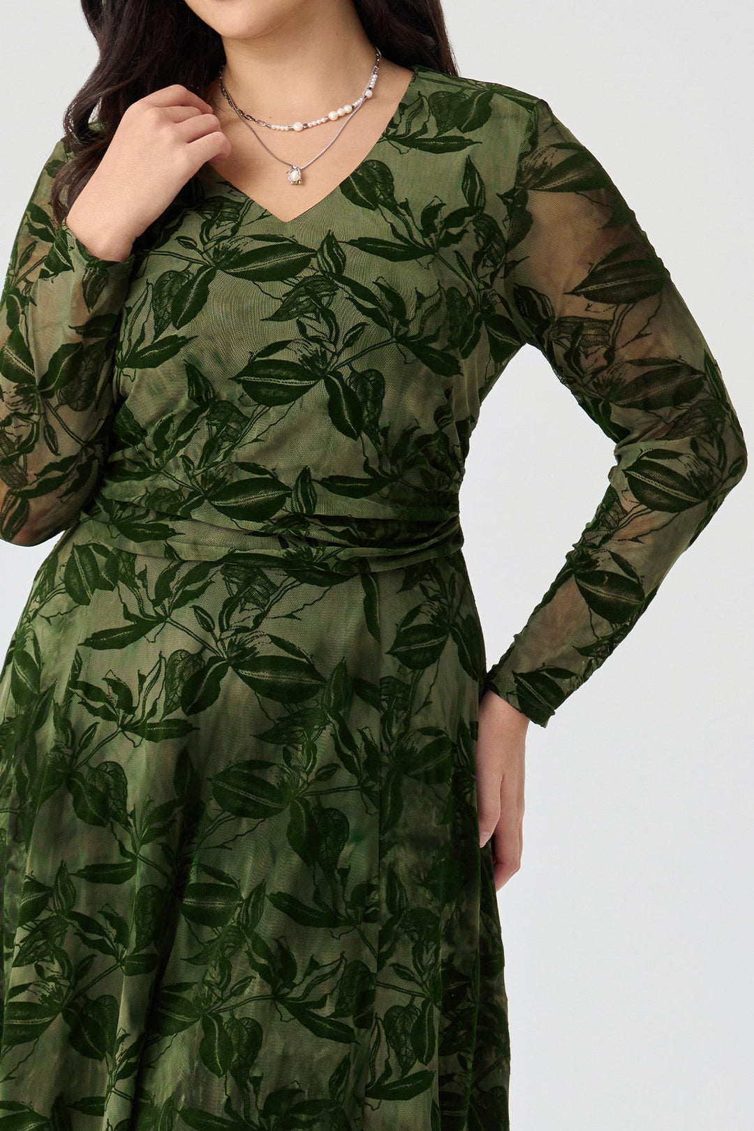 V-Neck Smocked Waist Flocked Mesh Midi Dress