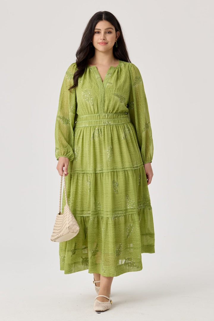 Sequin Embroidery Leaves Smocked Waist Tiered Midi Dress