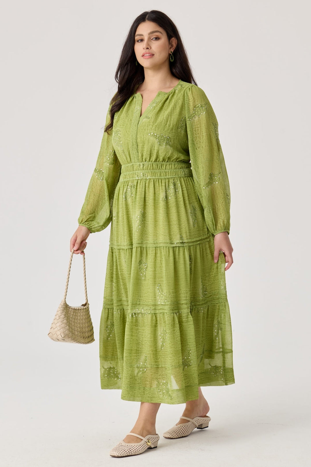 Sequin Embroidery Leaves Smocked Waist Tiered Midi Dress