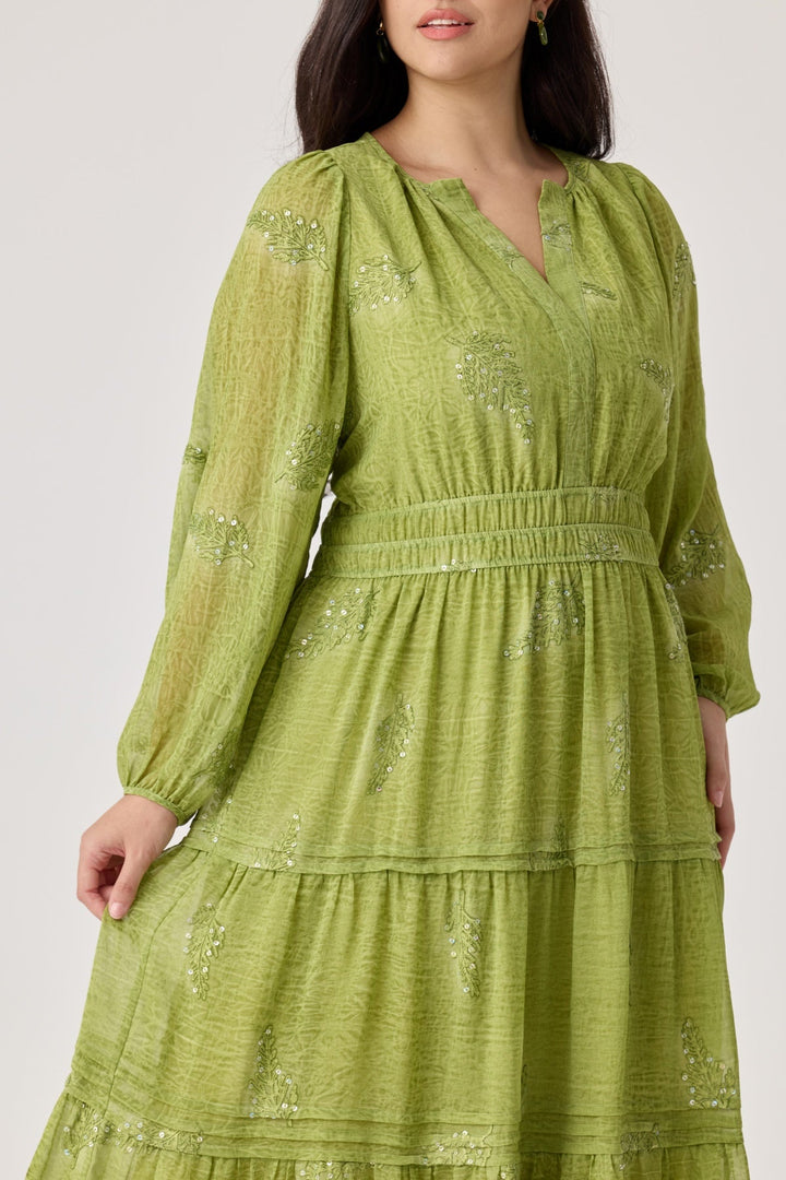 Sequin Embroidery Leaves Smocked Waist Tiered Midi Dress